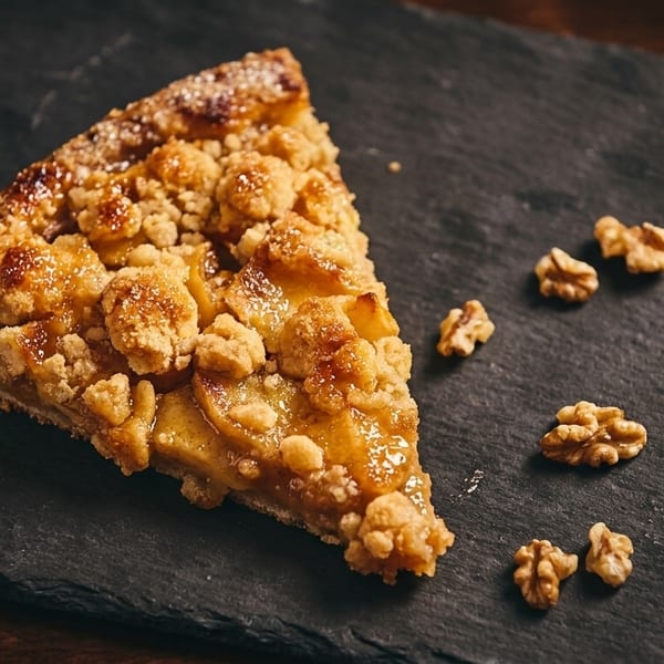 A slice of apple crumble pie with walnuts on a dark slate board.
