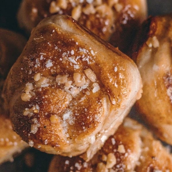 Close-up of golden-brown baked pastries, sprinkled with white sugar and chopped nuts.